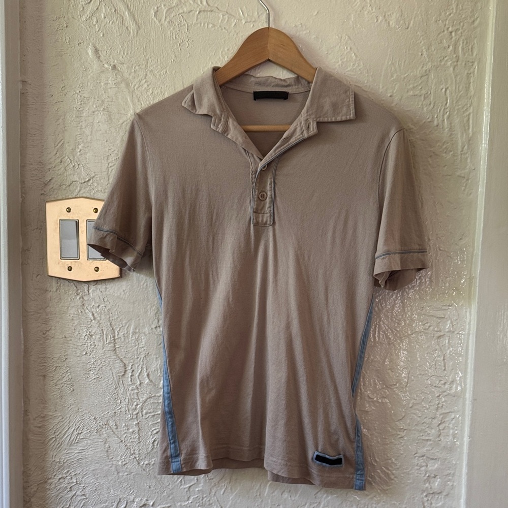 Prada Men’s Taupe Cotton Polo Contrast Blue Trim Short Sleeve Shirt SMALL